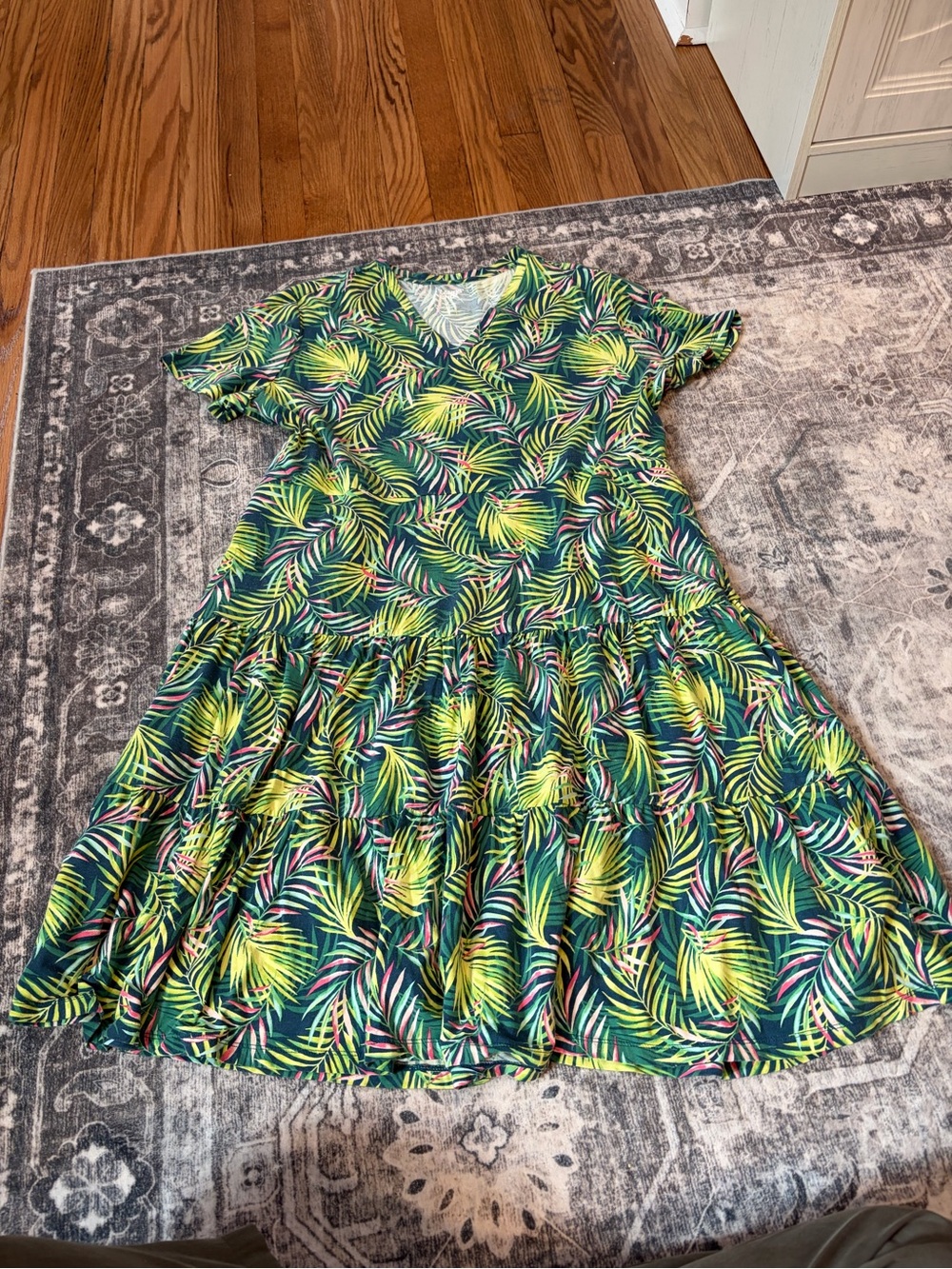 Lands' End Green and Yellow Tropical Leaf Midi Dress